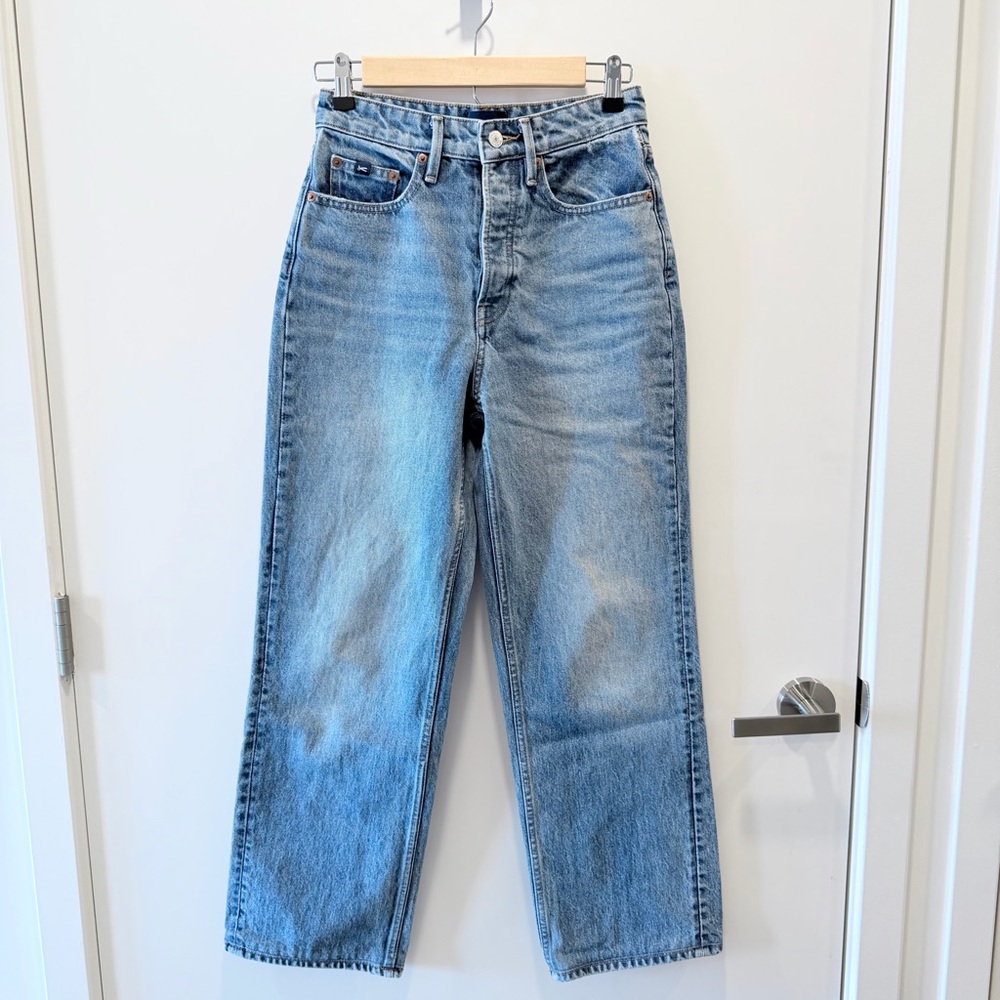 Denham High Rise Loose Fit Straight Leg Denim Jeans Blue Wash Size 23 Inseam 27”
